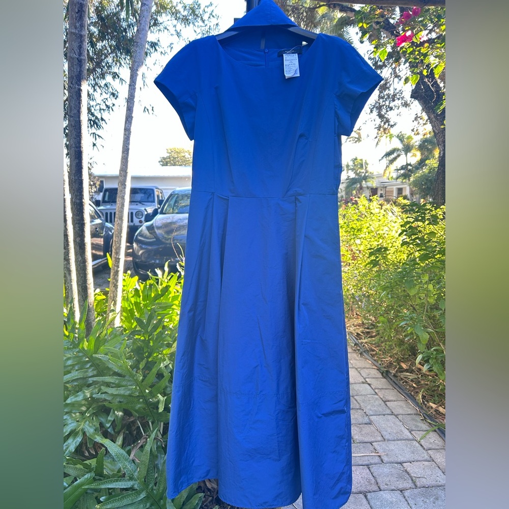 Weekend Max Mara Blue Cotton Blend Midi Dress Cap Sleeve